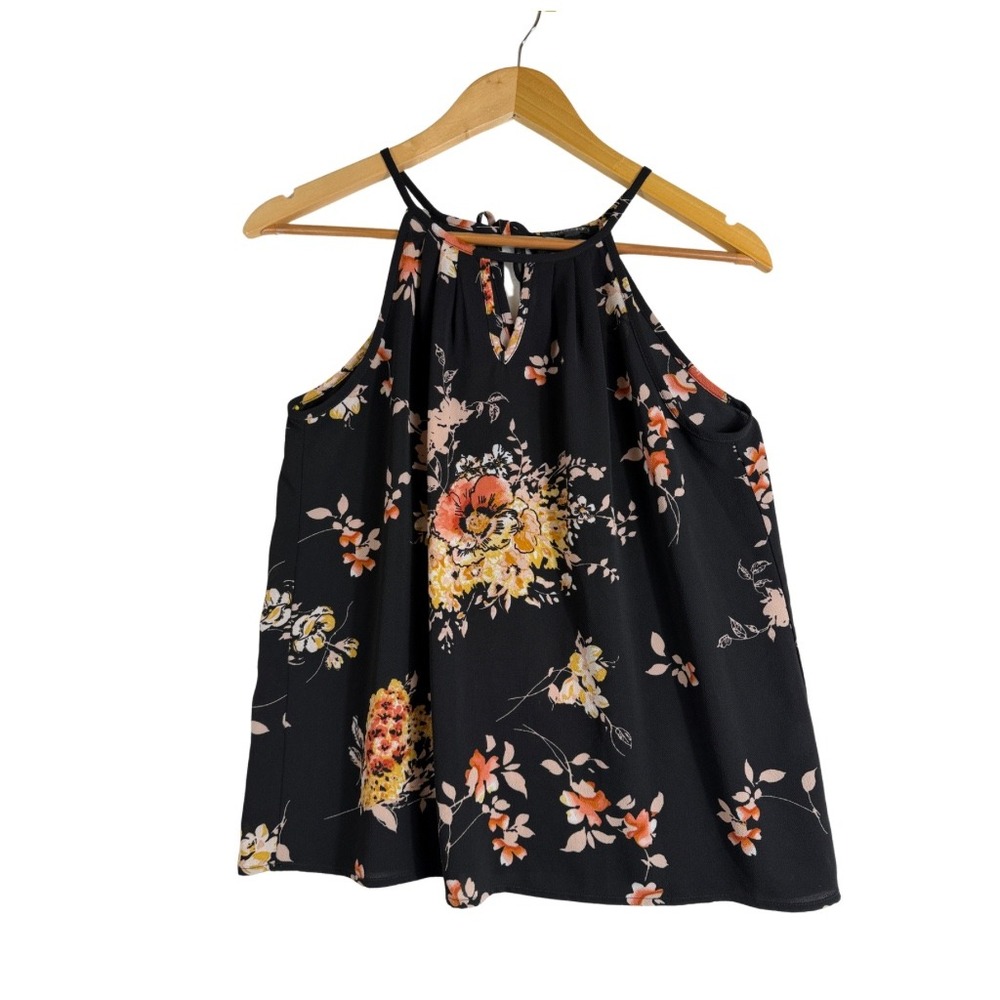 Papermoon Floral Halter Neck Tank Top Keyhole Tie Back Black Orange SP Small P